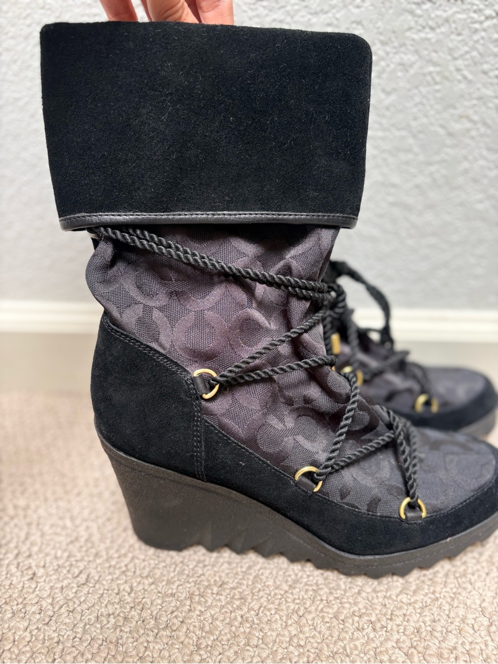 COACH Women's Black Wedge Lace-Up Winter Boots